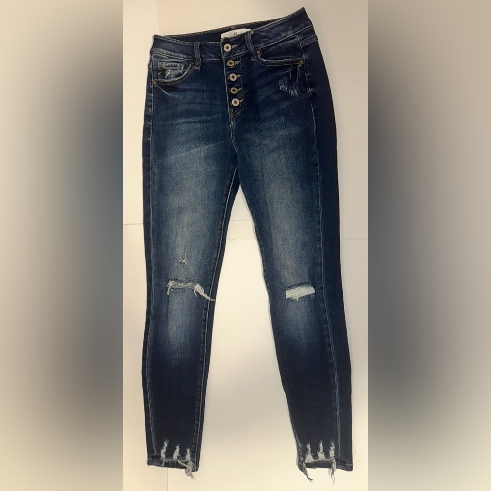 KanCan Women’s 7/27 Dark Wash Button Fly High Rise Distressed Ankle Skinny Jeans